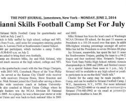 Sirianni Skills Football Camp Set For July 2-3. <em>Post-Journal</em> (Jamestown), June 2, 2014. Sirianni Skills Football Camp Set For July 2-3. June 2, 2014.