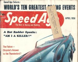 The cover from the April 1956 issue of <em>Speed Age</em> with Julian Buesink mailing label.
Courtesy of Rusty Buesink The cover from the April 1956 issue of Speed Age with Julian Buesink mailing label.