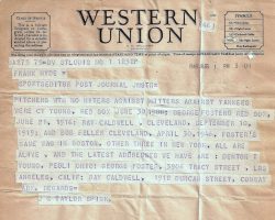 John George Taylor Spink (November 6, 1888 – December 7, 1962), or Taylor Spink, was the publisher of The Sporting News from 1914 until his death in 1962. He inherited the weekly American baseball newspaper from his father Charles Spink, younger brother of its founder Alfred H. Spink. Upon Taylor Spink's death in 1962, the Baseball Writers' Association of America established the annual J. G. Taylor Spink Award, given to writers "for meritorious contributions to baseball writing", and made him its first recipient. Telegram dated August 1, 1946. Telegram dated August 1, 1946.