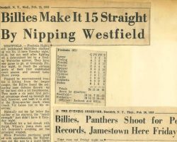 Billies Make It 15 Straight By Nipping Westfield. <em>Evening Observer</em> (Dunkirk), February 25, 1953. Billies Make It 15 Straight By Nipping Westfield. February 25, 1953.