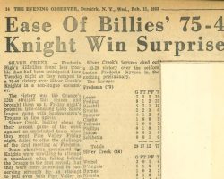 Ease of Billies' 75-46 Knight Win Surprise. <em>Evening Observer</em> (Dunkirk), February 11, 1953. Ease of Billies' 75-46 Knight Win Surprise. February 11, 1953.
