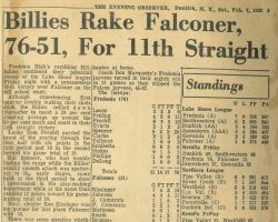 Billies Rake Falconer, 76-51, For 11th Straight. <em>Evening Observer</em> (Dunkirk), February 7, 1953. Billies Rake Falconer, 76-51, For 11th Straight. February 7, 1953.