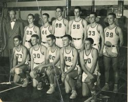 1952-53 Fredonia High School basketball team. Front left to right: Chuck Schibetta, Tom Stokes, Bill Tallman, R. Cole, R. DeLong. Back: Coach Lesso, Bill Phillips, Jack Evarts, Joe Leone, Tom Prechtl, Tom Freling, Hal Spencer. Fredonia High School basketball team. Tom Prechtl is number 55 in back row.