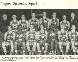 Niagara University basketball team, 1956-57. Tom Prechtl is number 32 in front row. Niagara University basketball team, 1956-57. Tom Prechtl is number 32 in front row.