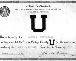 Union College basketball letter award to Sam Hammerstrom, 1939-40. Union College basketball letter award to Sam Hammerstrom, 1939-40.