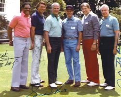 1982 golfing partners, Jamesburg, NJ. From left to right: Willie Mays, Brooks Robinson, Gordie
Howe, Art Asquith, Johnny Unitas and Joe DiMaggio. 1982 golfing partners, Jamesburg, NJ. From left to right: Willie Mays, Brooks Robinson, Gordie Howe, Art Asquith, Johnny Unitas and Joe DiMaggio.