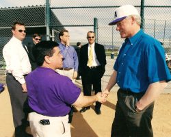 Michael Lopriore with President Bill Clinton in 1998. Lopriore was the rehab director and head minor league trainer for the Arizona Diamondbacks baseball organization that year. Michael Lopriore and Bill Clinton.