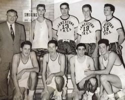 Top row: Rollie Taft, Bill Jowett, Leo Corkery, Milt Garfield, Ted Olsen. Bottom row: Ron Stroth, Gordon Seaberg, Sam Tilaro, Bob Giunta. Ted Olsen is number 16 on the right in the back row. Fellow CSHOF inductee Leo Corkery is number 13 in the back row center.