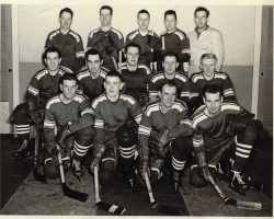 1957-1958 Jamestown hockey team.
Played at Iceland, 66 Foote Ave., Jamestown.
back row: Ramsay Riddell, John Alm, Bob Johnson, Jack Deegan, Ray Hellner (coach)
middle row: Muddy Lombardo, Claude Hunt, Don Abrahamson, Jim Sorg, Bob Goss.
front row: Dave Miller, Jack Fullerton, unknown, Jim Desmond. 1957-1958 Jamestown hockey team.