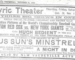 This ad from the <em>Jamestown Evening Journal</em> promotes an appearance by Hugh Bedient. October 31, 1912. hughbedient1912