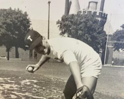 Ted Olsen playing ball at Lincoln Jr. High field across from the Armory circa 1948. Ted Olsen circa 1948.