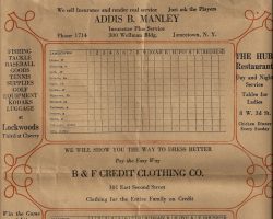 1930s Baseball Scorecard. Swat Erickson pitching for Jamestown and Hugh Bedent for Falconer in a matchup of the former big leaguers at Celoron Park. 1930s Baseball Scorecard.