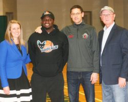 On the eve of his induction into the CSHOF, Maceo Wofford, second from left,
was honored at halftime of Sunday's Premier Basketball League game between
Jamestown and Kentucky at the Physical Education Complex at Jamestown
Community College. Joining him, from the left, are Jackals head coach Kayla Crosby,
Jamestown High School basketball coach Ben Drake and CSHOF president Randy
Anderson. <em>Post-Journal</em> (Jamestown), 2017.
P-J photo by Scott Kindberg. Maceo Wofford, second from left, was honored at halftime of Premier Basketball League game. 2017
