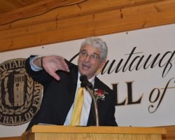 Mark Orlando speaking at his induction into the Chautauqua Sports Hall of Fame. <em>Post-Journal</em> (Jamestown), February 18, 2020. P-J photo by Scott Kindberg. markorlando2020a