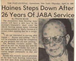 Haines Steps Down After 26 Years Of JABA Service. <em>Post-Journal</em> (Jamestown), April 16, 1981. Haines Steps Down After 26 Years Of JABA Service. April 16, 1981.