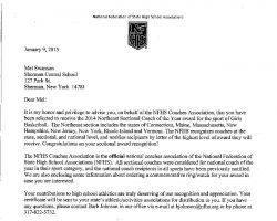 Letter notifying Mel Swanson he was named the 2014 Northeast Sectional Coach of the Year by the National Federation of State High School Associations. Letter notifying Mel Swanson he was named the 2014 Northeast Sectional Coach of the Year by the National Federation of State High School Associations.