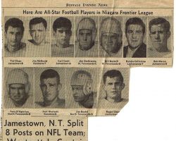 Jamestown, N.T. Split 8 Posts on NFL Team. <em>Buffalo Evening News</em>, 1949. Jamestown, N.T. Split 8 Posts on NFL Team. 1949