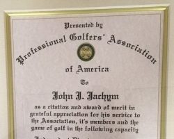Award certificate from PGA to Jachym citing his service as a director 1990-1992. Award certificate from PGA, 1992