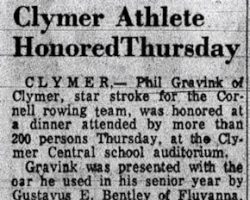 Clymer Athlete Honored Thursday. <em>Dunkirk Observer</em>, August 5, 1957 Clymer Athlete Honored Thursday. August 5, 1957