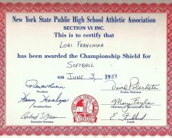 Section VI Softball Championship certificate. 1989. Section VI Softball Championship certificate. 1989.
