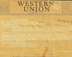 Telegram offering Ted Wyberanec congratulations. June 29, 1952. Telegram offering Ted Wyberanec congratulations. June 29, 1952.