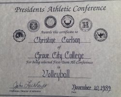Chris Carlson was a First-Team All-Conference volleyball selection in 1989 at Grove City College. Chris Carlson was a First-Team All-Conference volleyball selection in 1989 at Grove City College.