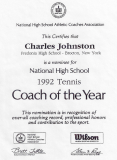 National High School 1992 Tennis Coach of the Year nomination certificate.