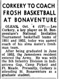 Corkery To Coach Frosh Basketball At Bonaventure.  October 4 , 1955.
