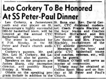 Leo Corkery To Be Honored At SS Peter-Paul Dinner. March 22, 1952.