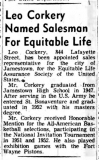 Leo Corkery Named Salesman For Equitable Life.  August 21, 1956.