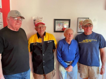 Left to right:  CSHOF auto racing inductees Skip Furlow, Sammy LaMancuso and Dick Barton pose with Stateline Speedway owner Jim Scott (second from left) on June 3, 2023.