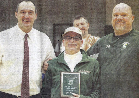 Jim Riggs, center, holds award he was presented by Keith Martin, Jamestown Community College Athletic Director, left, and George Sisson, JCC men's basketball coach, in this December 2014 photo