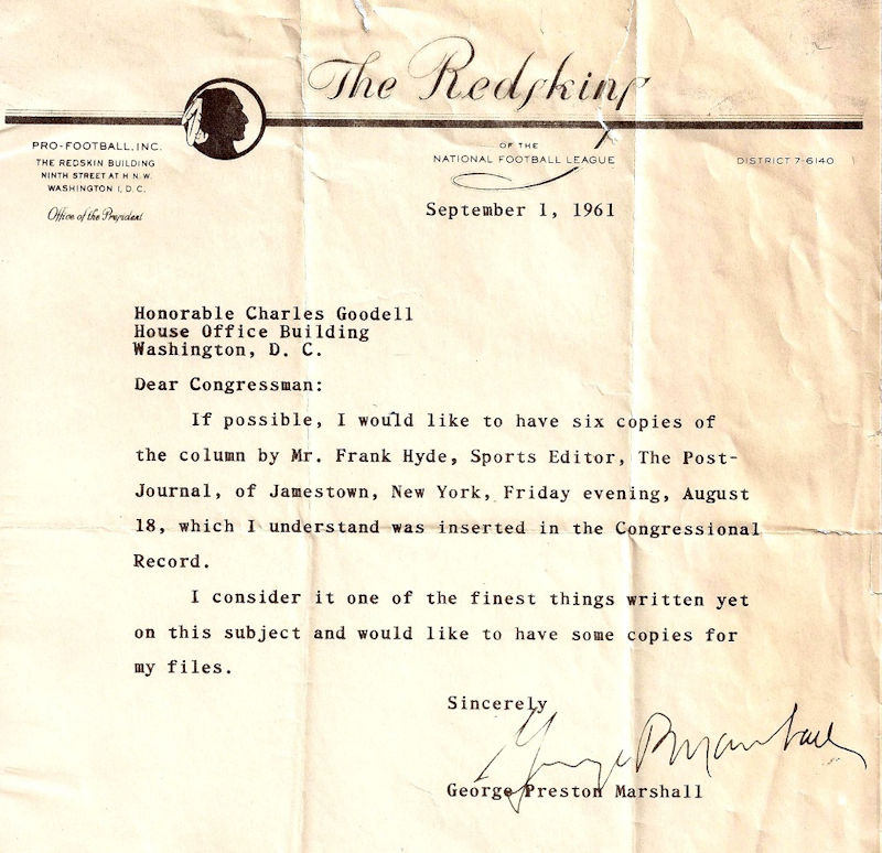 Correspondence from George P. Marshall to Charles Goodell, September 1, 1961.