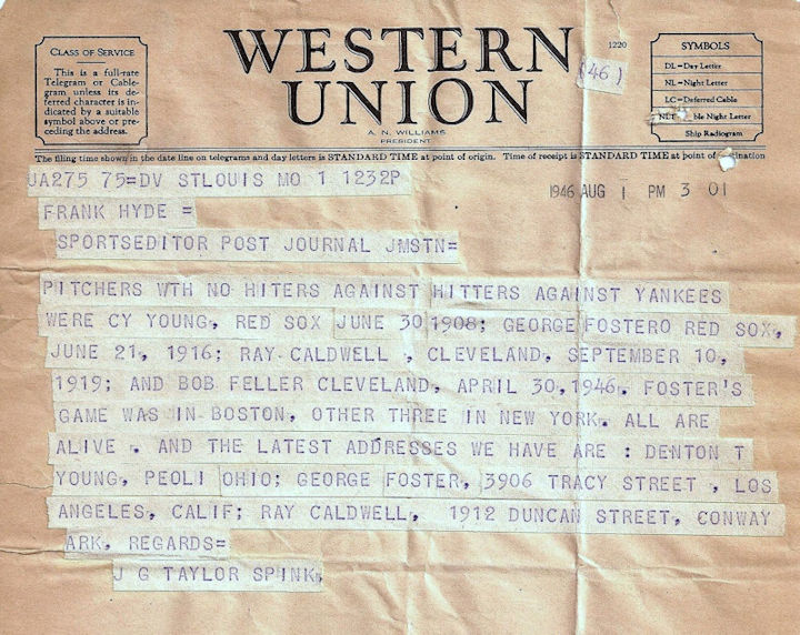 Taylor Spink to Frank Hyde telegram, 1946