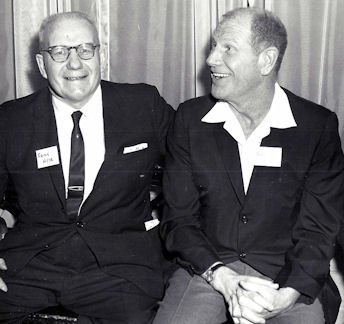 Frank Hyde chats it up with Chicago White Sox owner Bill Veeck at the Temple Hesed Abraham Sports Night at the Hotel Jamestown in 1965