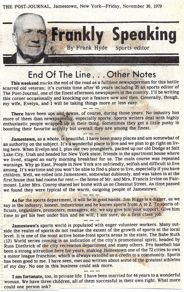 Frank Hyde's final column as Post-Journal sports editor