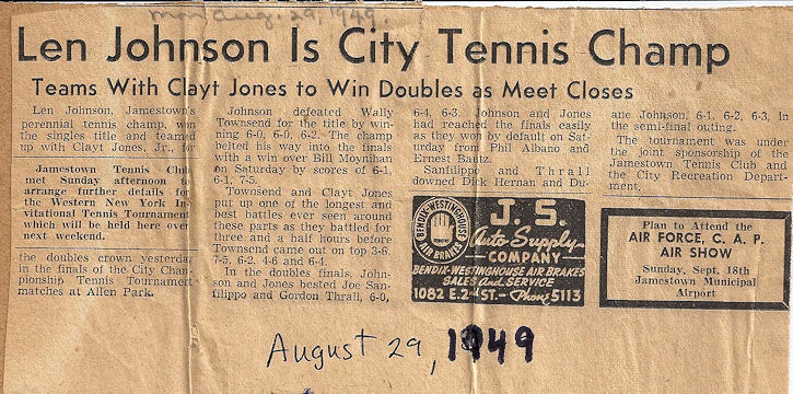 newspaper article headlined Len Johnson Is City Tennis Champ