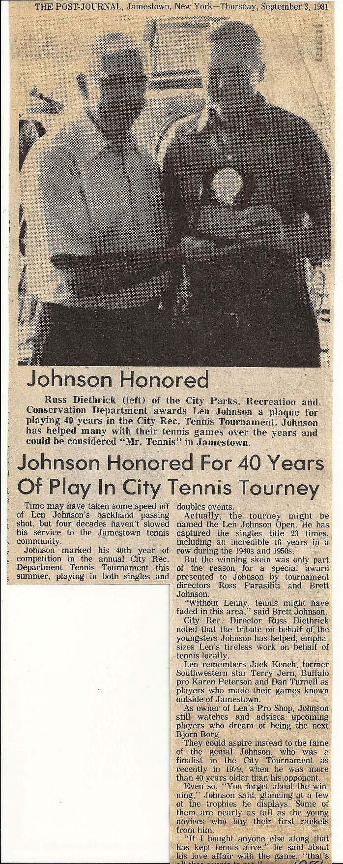 Johnson Honored For 40 Years Of Play In City Tennis Tourney
