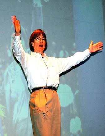 Tara VanDerveer makes a point during her talk at the Scharmann Theatre at Jamestown Community College on Wednesday night. P-J photo by Scott Kindberg.