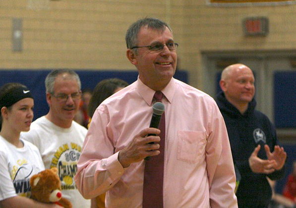 Sherman Central School girls basketball coach Mel Swanson addresses the crowd.
