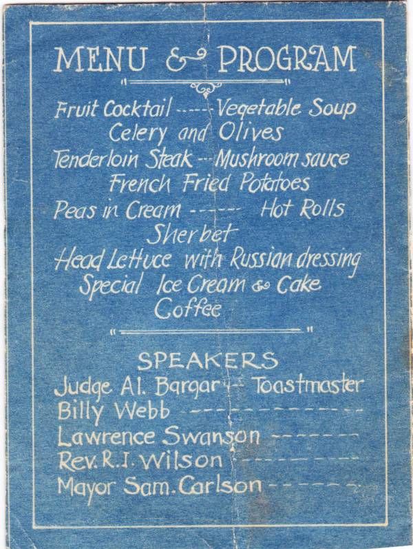 1927 Jamestown Baseball Association banquet menu