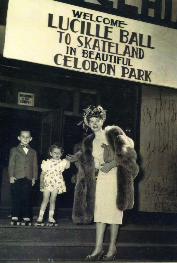  Lucille Ball poses with two young children at the Skateland Roller Rink in Celoron Park in the 1950s. 