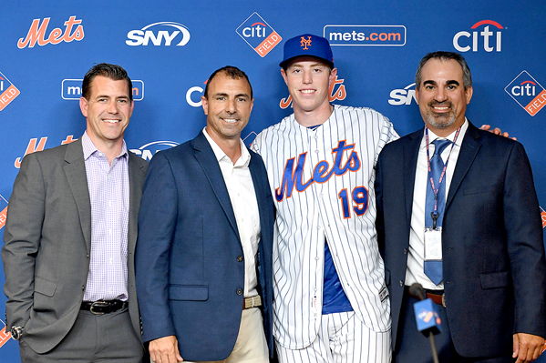 Marc Tramuta, far right, is pictured with, from left: Brodie Van Wagenen, Mets general manager; Tommy Tanous, Mets vice president of international and amateur scouting; and Brett Baty, 2019 Mets first-round pick.