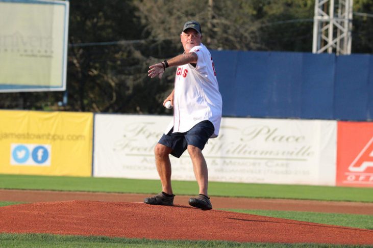 Ted Wyberanec Jr. delivers the ceremonial first pitch.