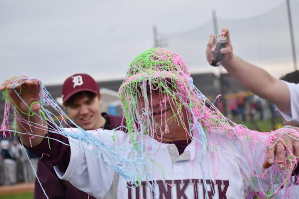 Dunkirk Marauders head coach Frank Jagoda is covered in Silly String.