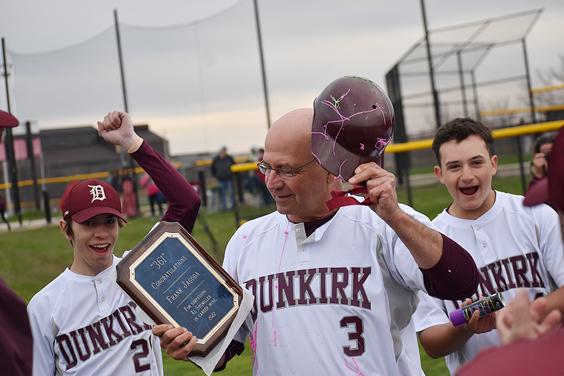 Dunkirk head coach Frank Jagoda is presented a plaque.