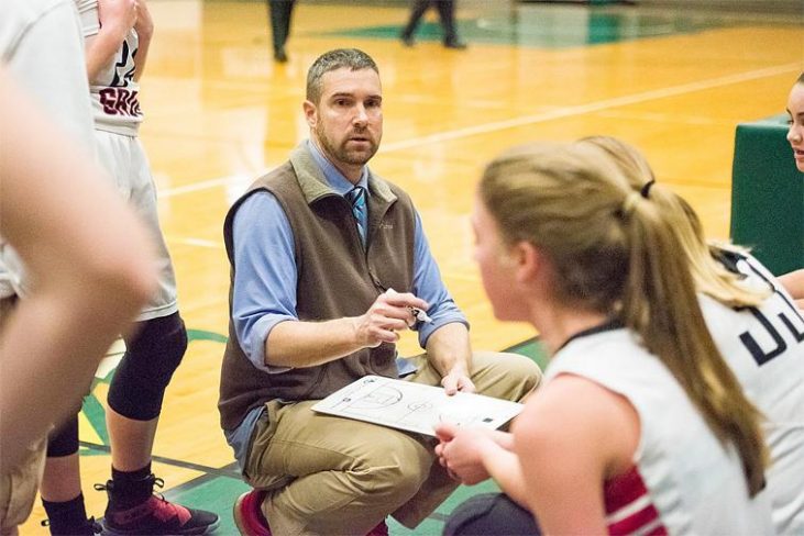 Maple Grove girls basketball coach Bill Price talks to his team.