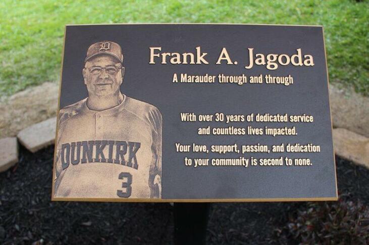 Plaque at at Dunkirk High School baseball field.