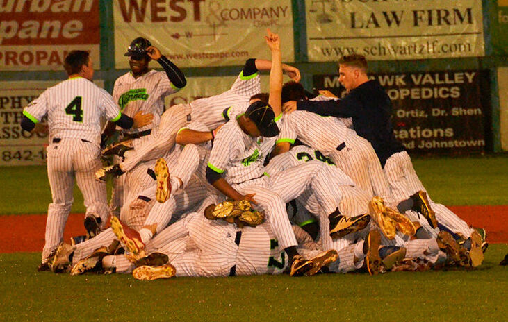 The Jamestown Jammers celebrate after the final out.
