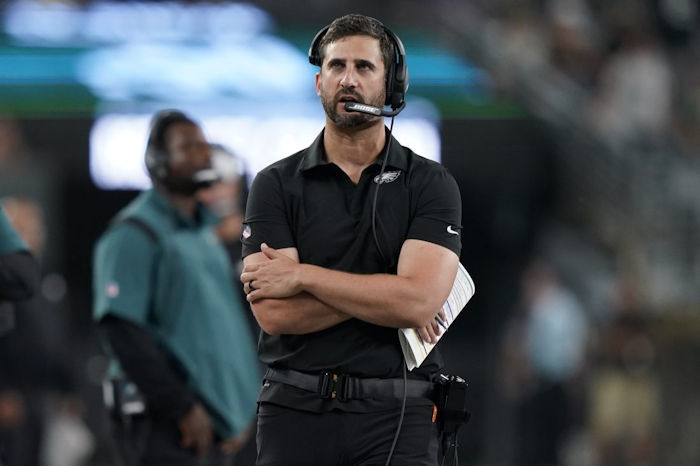 Philadelphia Eagles head coach Nick Sirianni walks the sidelines.